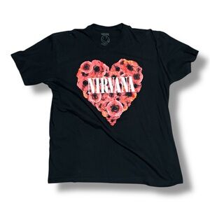 NIRVANA Black Tee with Red Floral Heart Graphic
